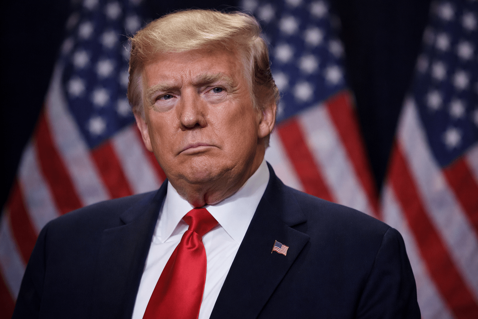 Ντόναλντ Τραμπ μπροστά σε αμερικανικές σημαίες